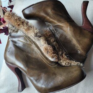 John Fluevog Fox Olive Green Fur Booties
